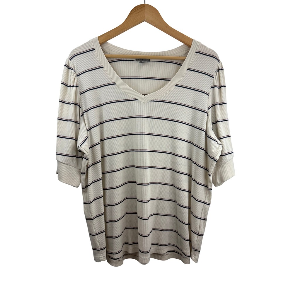 Falls Creek 3X V Neck Striped Knit Top Beige Brown Blue‎ Half Sleeve Plus Size